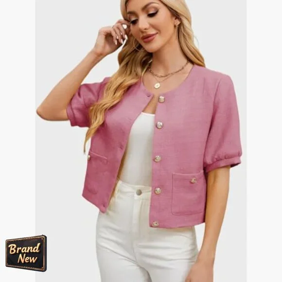 Cropped Tweed Blazer with Puff Sleeves for Office Work Slim Fit - Picture 4 of 7